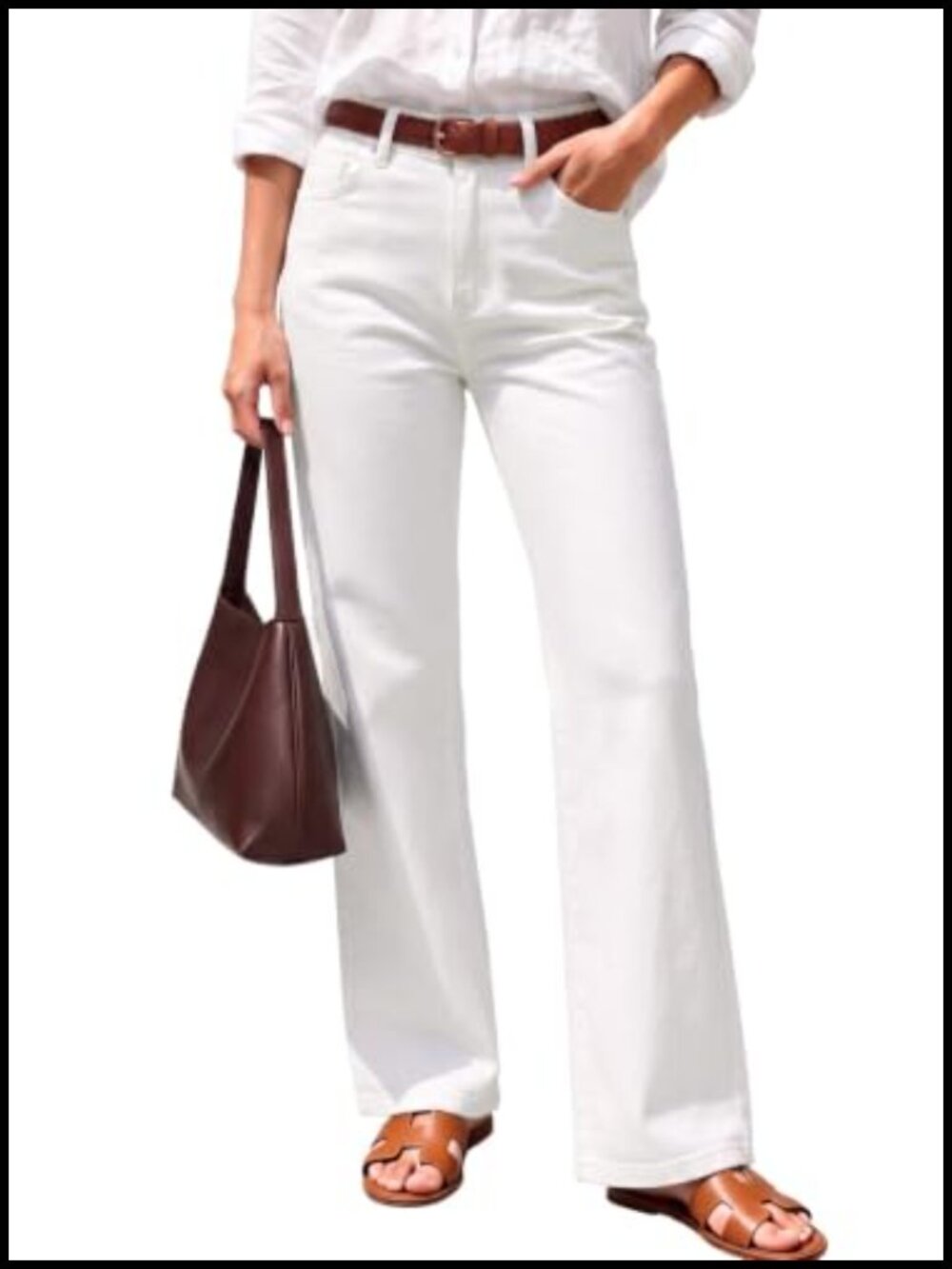 High Waisted Wide Straight Leg Jeans Elastic Waist Cotton Blend